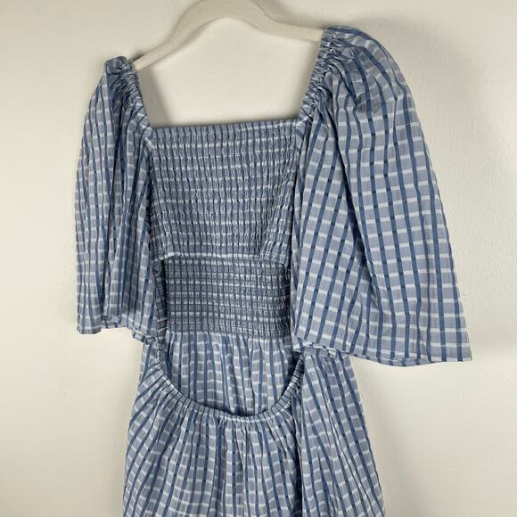 Anthropologie Stella Nova Penelope Smocked Blouse US 6 Blue Plaid Check Cutout - Picture 9 of 10
